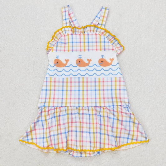 S0396 Whale Blue and Yellow Plaid One-Piece Swimsuit