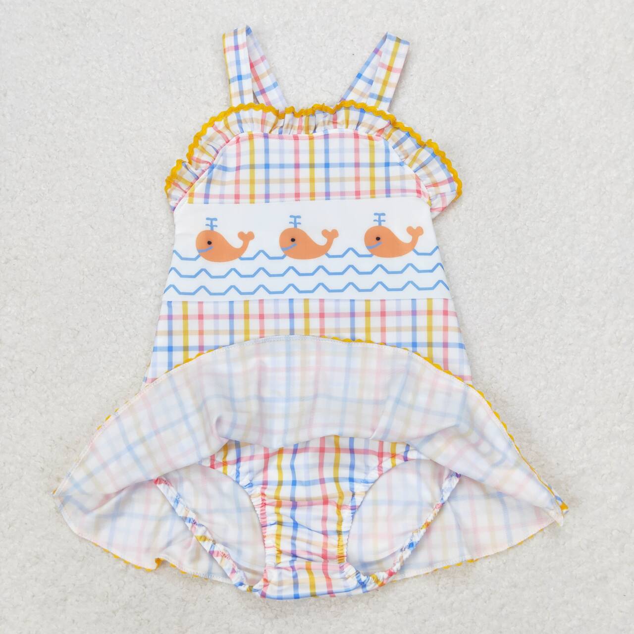 S0396 Whale Blue and Yellow Plaid One-Piece Swimsuit
