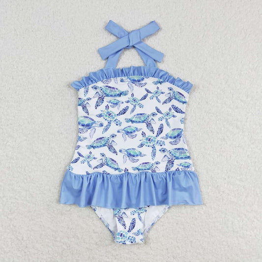 S0430 Turtle blue lace white one piece swimsuit