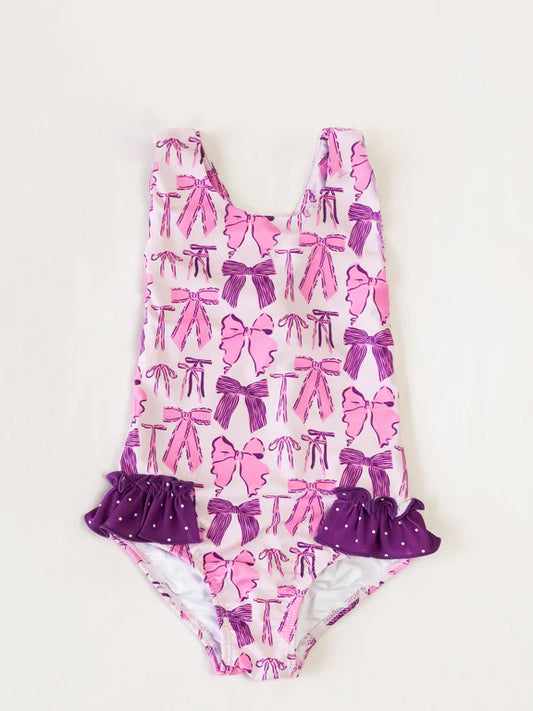 presale S0533 Baby Girls Purple Bows Ruffle One Piece Swimsuits 2025 2.17