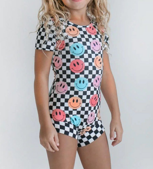 presale S0534 Baby Girls Black Checkered Smile One Piece Swimsuits 2025 2.17