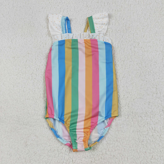 S0550 Baby Girls Flutter Sleeves Colorful Stripe One Piece Swimsuits D 6.28