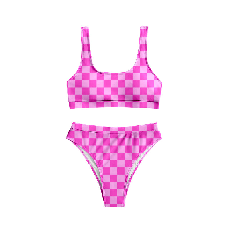 S0559 Adult Women Hot Pink Plaid Vest Top Bottom Swimsuits Sets D 6.2