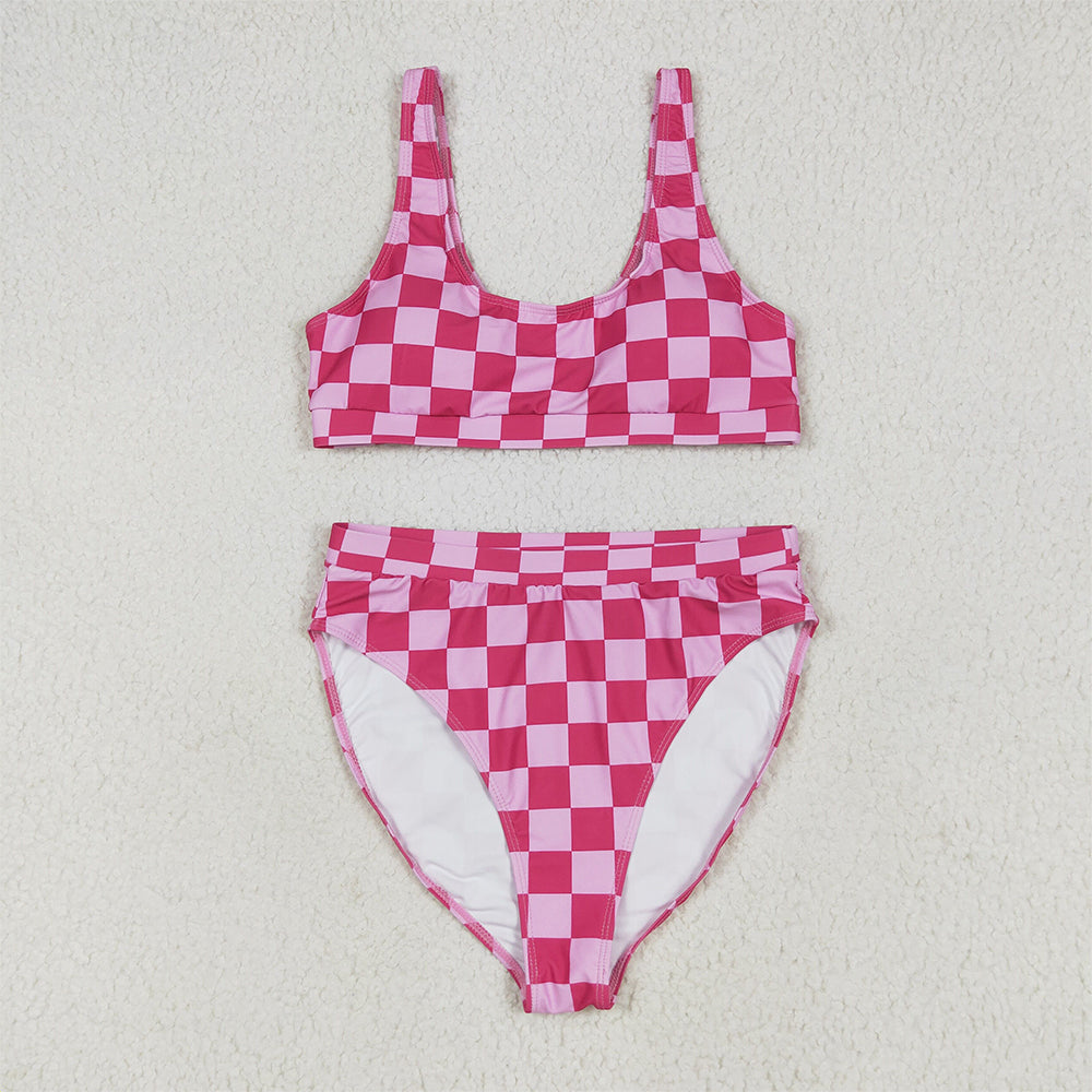S0559 Adult Women Hot Pink Plaid Vest Top Bottom Swimsuits Sets D 6.2