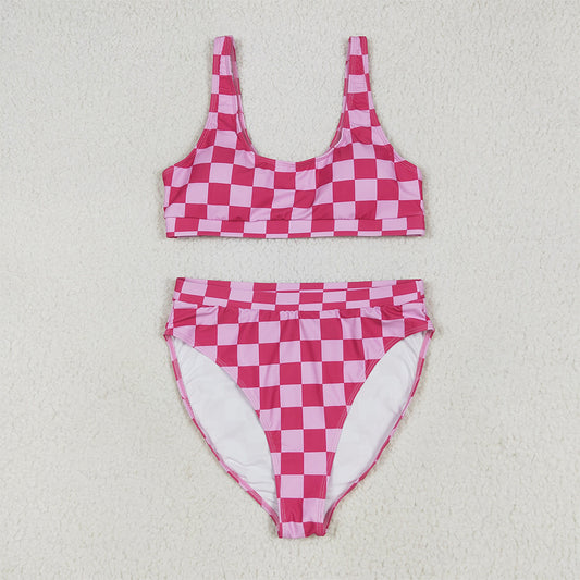 S0559 Adult Women Hot Pink Plaid Vest Top Bottom Swimsuits Sets D 6.2