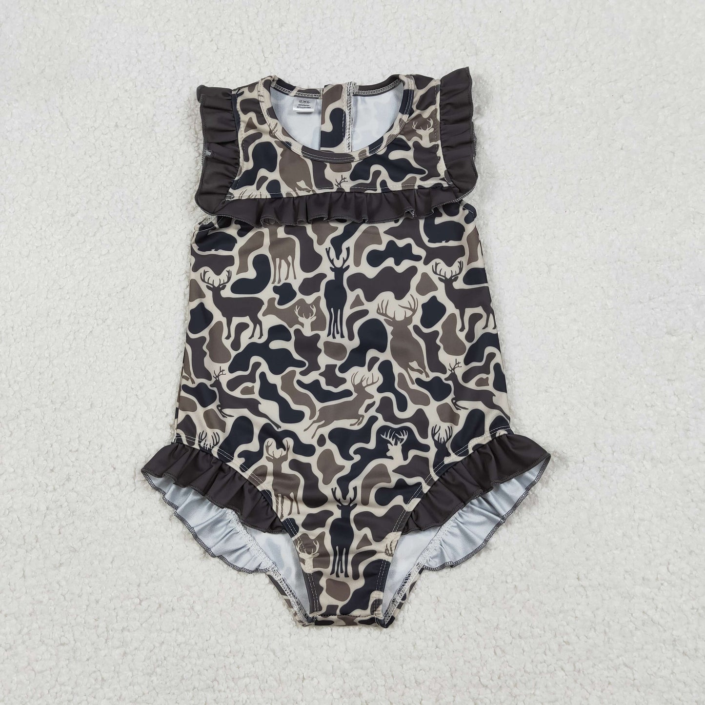 Baby Girls Zipper Ruffle Swimsuits Dark Brown Deer Camo Southern Style Infant Swimwear