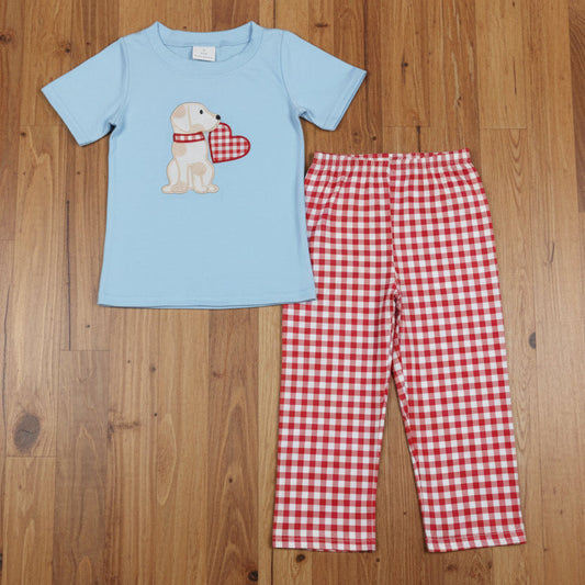 baby boy valentine dog heart embroidery pants set
