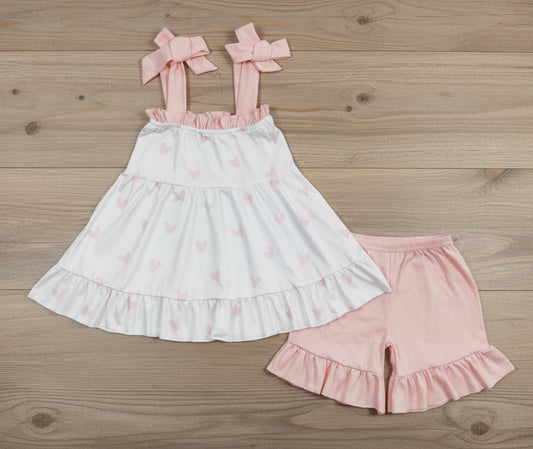 girl valentine pink strap heart print shorts set