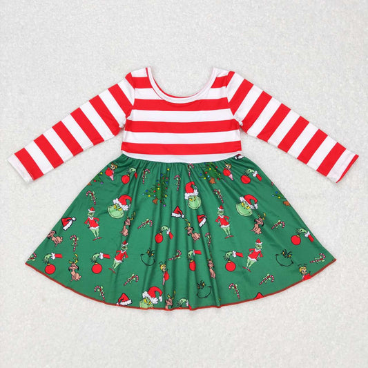 GLD0390 Cartoon red and white striped green long-sleeved dress