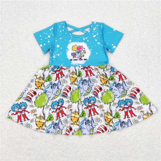 SD0495 Cartoon Elephant Blue and White Short Sleeve Dress