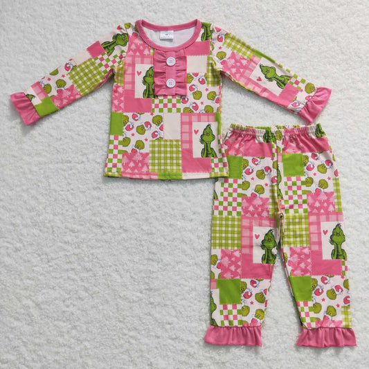 GLP0846 Cartoon red and green plaid pink lace beige long-sleeved trousers suit