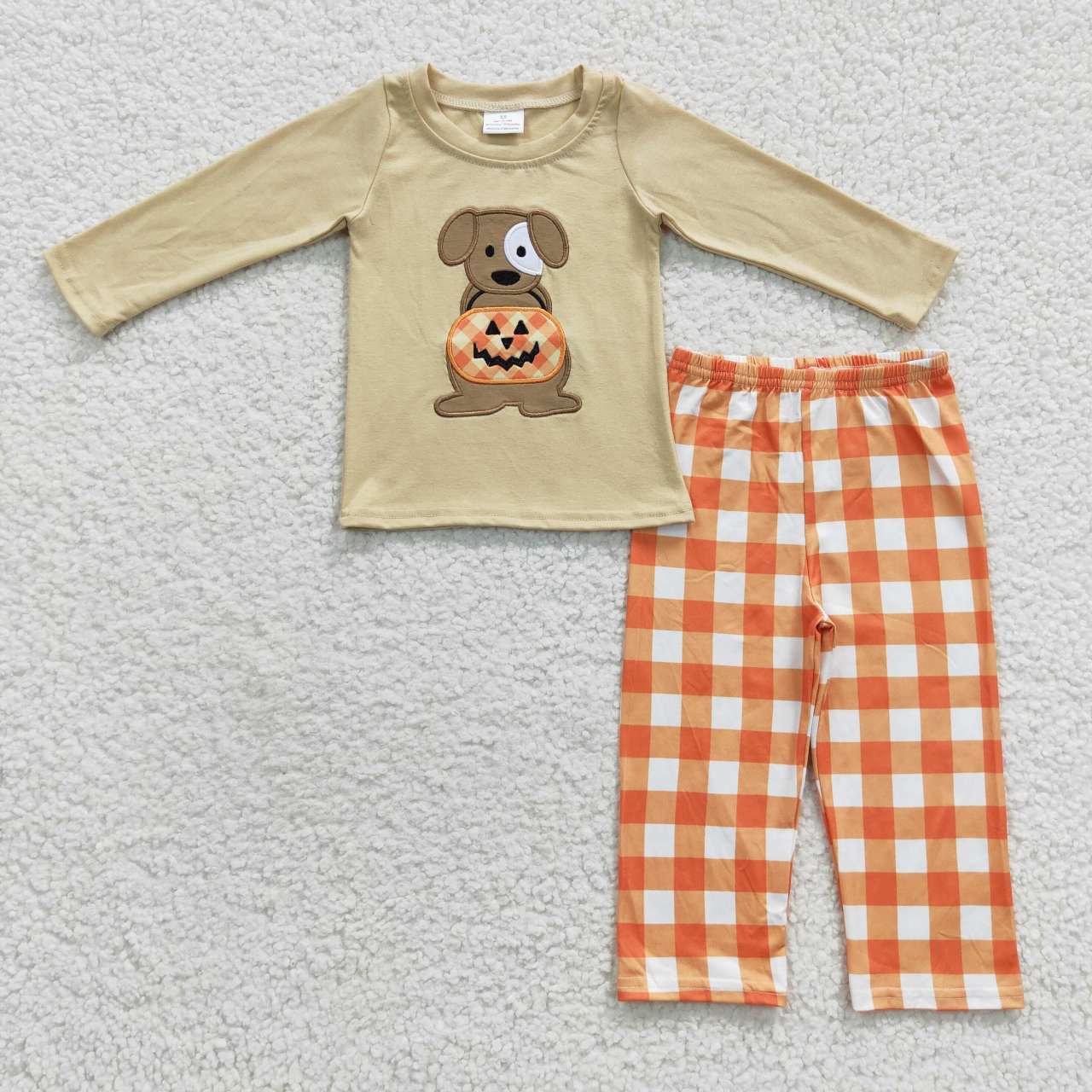 BLP0170 Boys Embroidered Puppy Jack-O-Lantern Plaid Beige Halloween Set