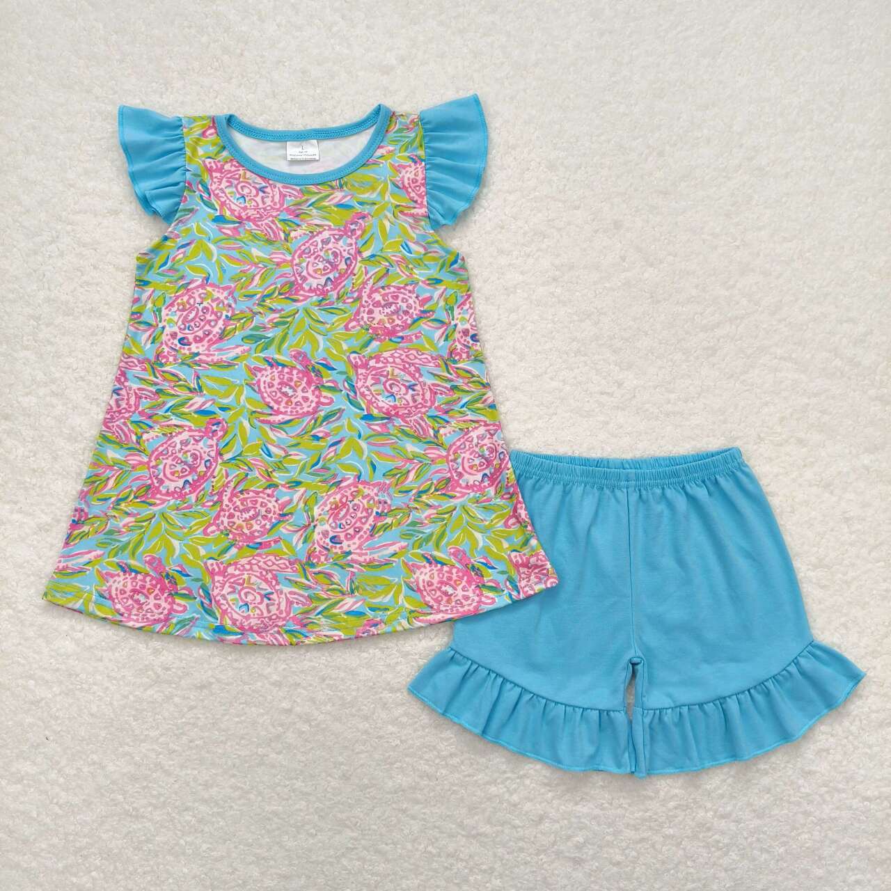 Turtle seaweed blue flying sleeve shorts suit