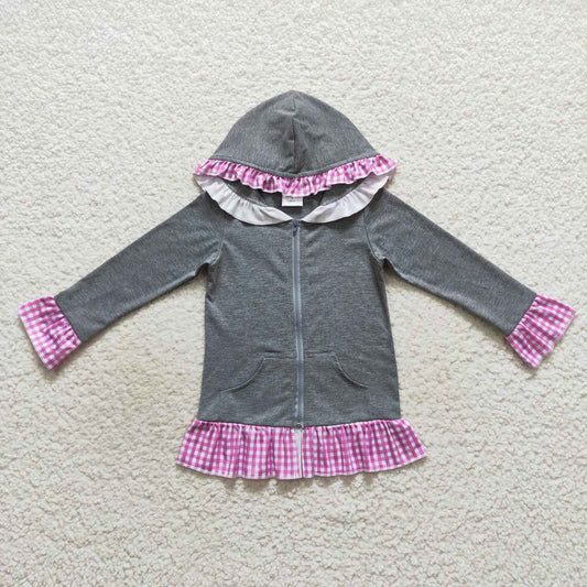 GT0260 Pink plaid lace gray hooded zipper long-sleeved top jacket