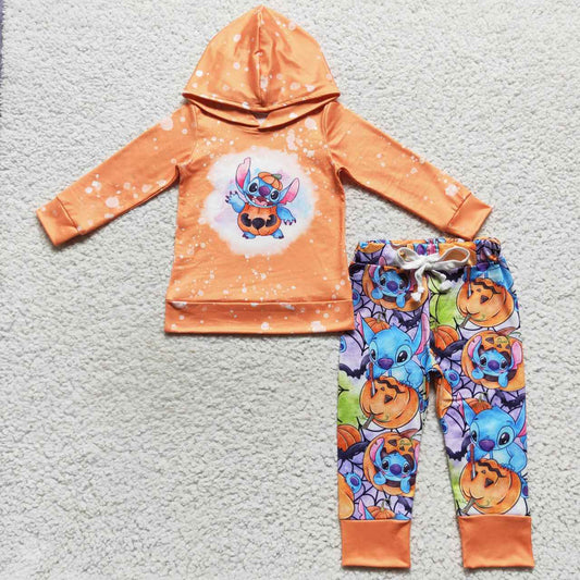 BLP0284 Cartoon Pumpkin Stitch Orange Hoodie Long Sleeve Pants Set