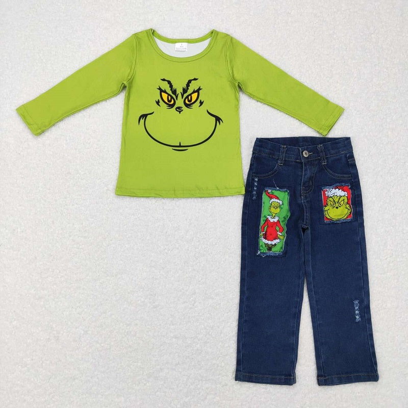 Christmas Green Face Top Matching Denim Pants Outfit 	 BT0256+P0207