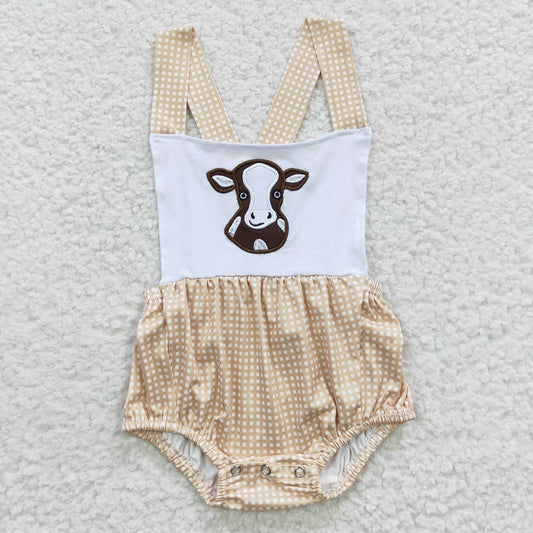 SR0313 Baby Boys Embroidered Cows Pink Tank Top Romper