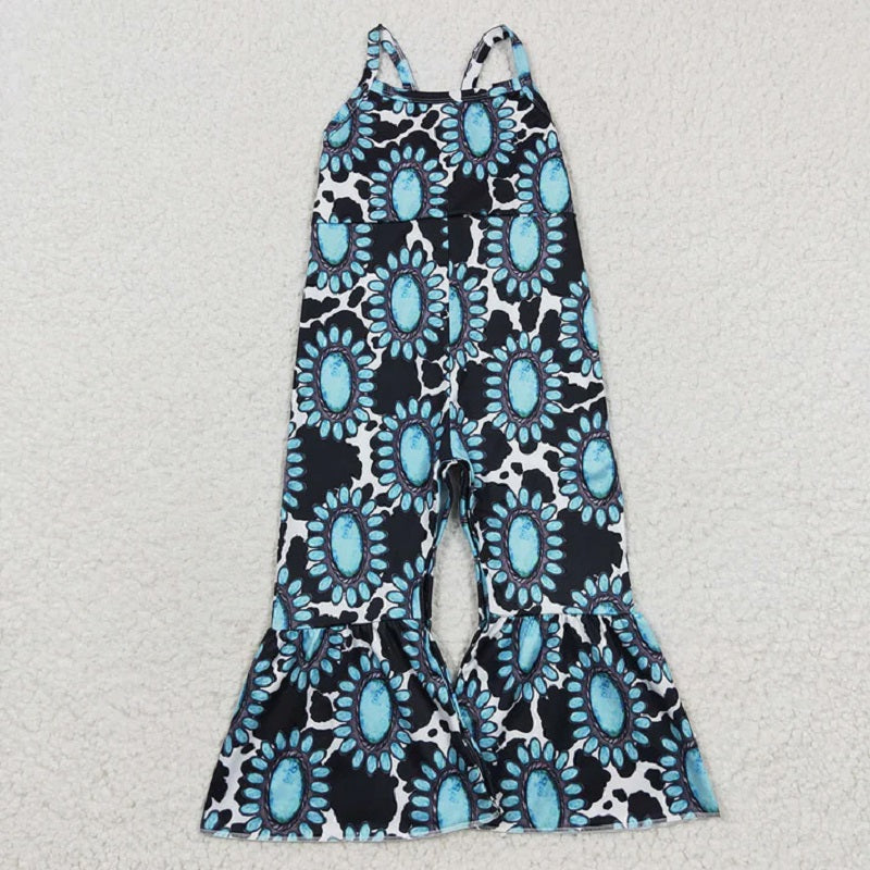 Sibling Baby Girls Western Cow Turquoise Bell Bottom Jumpsuits D 7.22
