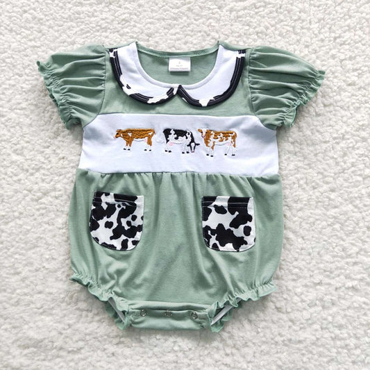 SR0373 Baby Girls Embroidered Cow Green Pocket Short Sleeve Bodysuit