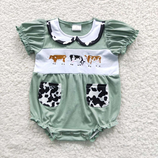 SR0373 Baby Girls Embroidered Cow Green Pocket Short Sleeve Bodysuit D 4.24