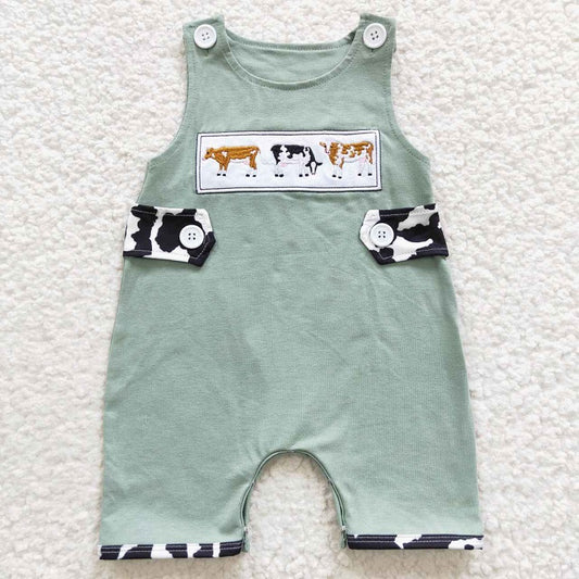 SR0374 Boys Embroidered Cow Green Sleeveless Onesie Romper