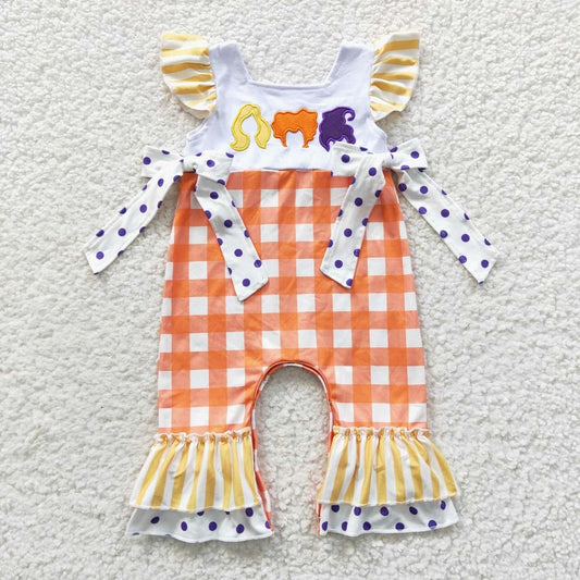 SR0383 Embroidered Flying Sleeves Orange Plaid Jumpsuit Romper