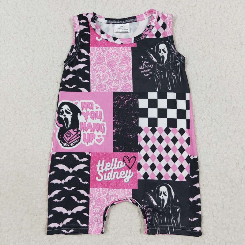 SR0414 Mask Ghost Phone Bat Plaid Pink Black Sleeveless Jumpsuit