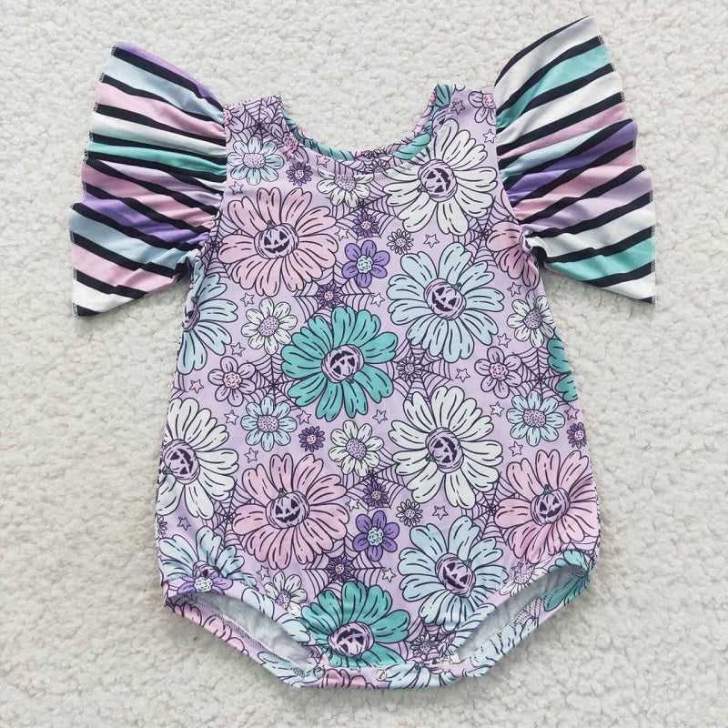 SR0431 Floral Pumpkin Purple Striped Lace Short Sleeve Bodysuit