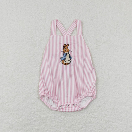 SR0462 Embroidered pink and white striped rabbit vest bodysuit