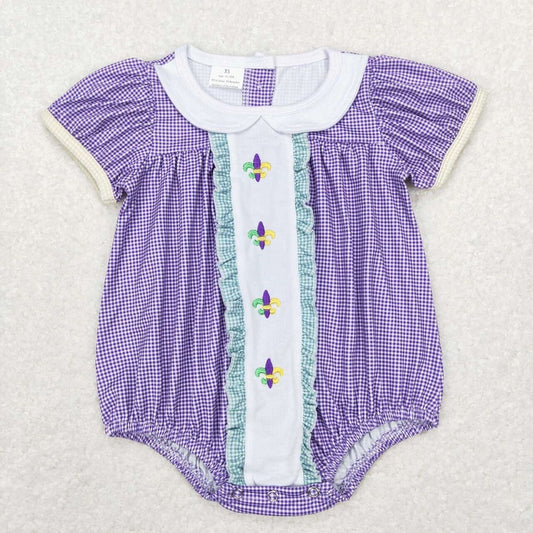 SR0471 Embroidered Mardi Gras Lace Purple and White Plaid Short Sleeve Jumpsuit