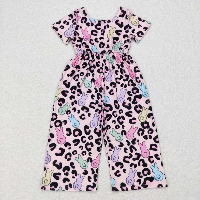 SR0481 Colorful Bunny Leopard Pink Short Sleeve Jumpsuit