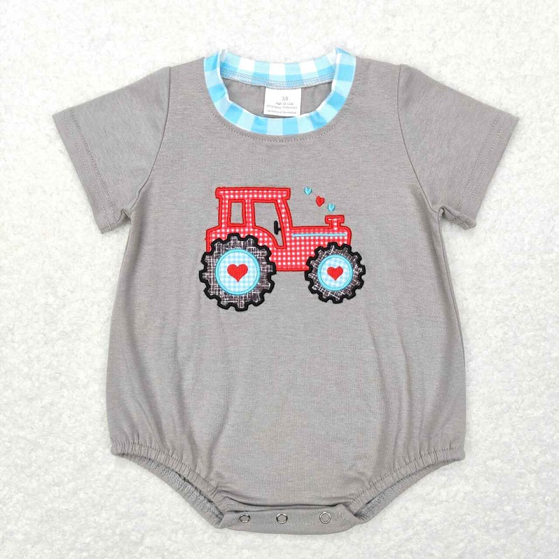 SR0488 Love tractor short-sleeved blue and white plaid short-sleeved jumpsuit