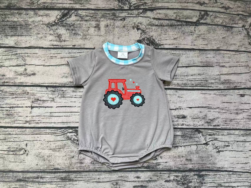 SR0488 Love tractor short-sleeved blue and white plaid short-sleeved jumpsuit