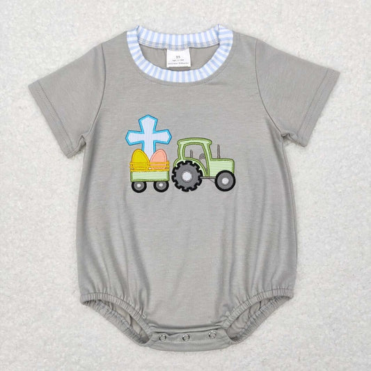 SR0490 Embroidered cross tractor blue and white striped trim gray short-sleeved jumpsuit