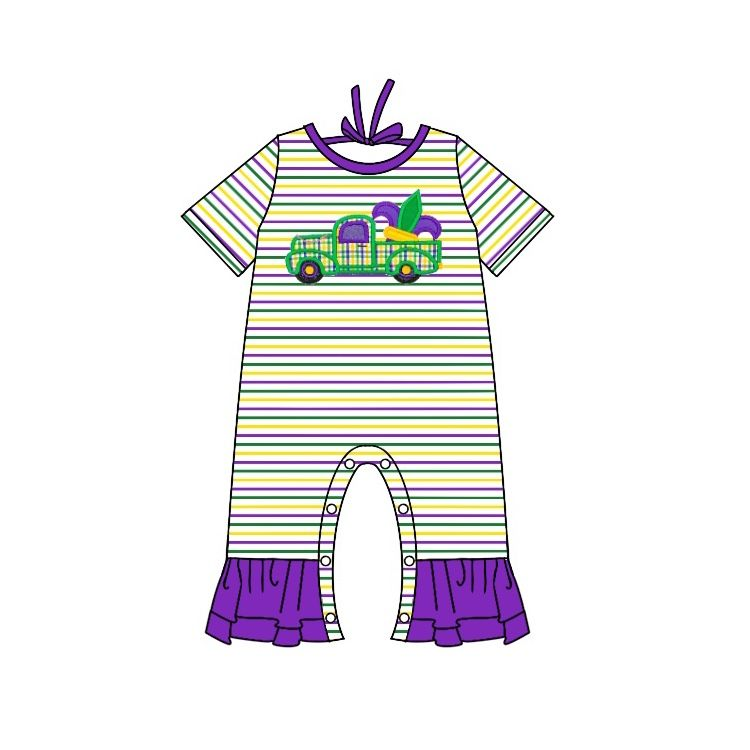 SR0518 Carnival Truck Purple Green Yellow Striped Lace Short Sleeve Jumpsuit