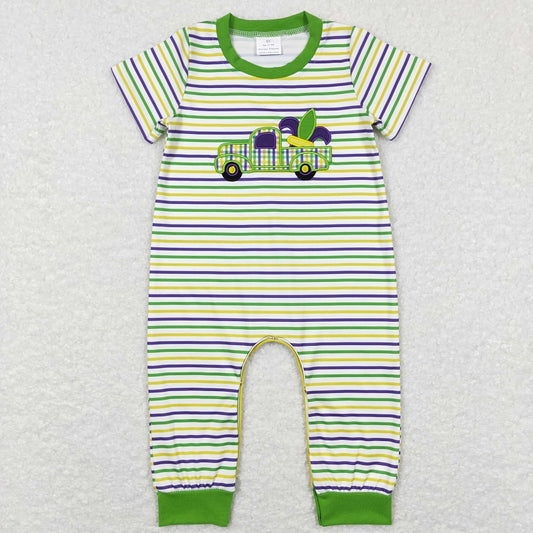 SR0519 Carnival Trucks Purple Green Yellow Striped Short Sleeve Jumpsuit