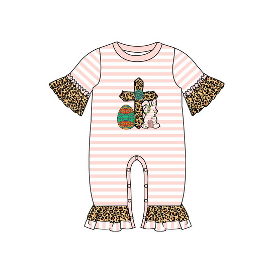 （presale） SR0539 Easter Egg Bunny Pink Striped Leopard Print Short Sleeve Jumpsuit