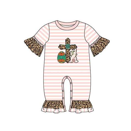 (presale) SR0539 Easter Egg Bunny Pink Striped Leopard Print Short Sleeve Jumpsuit