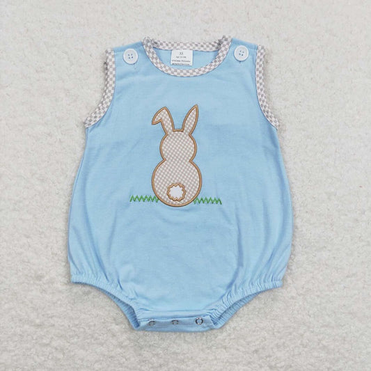 SR0541 Embroidered rabbit plaid light blue tank top jumpsuit