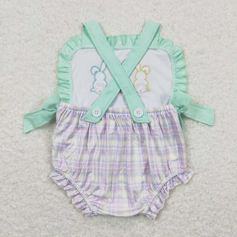 SR0543 Embroidery Three Colorful Rabbits Green Bow Lace Purple Yellow Plaid Vest Jumpsuit