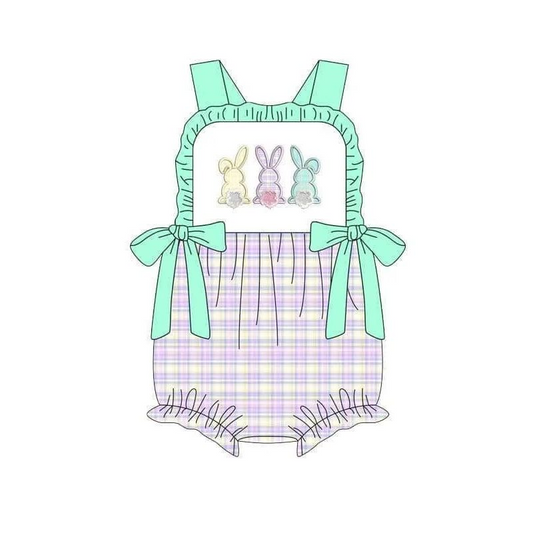 （presale）SR0543 Rabbit green bow lace purple and yellow plaid vest jumpsuit