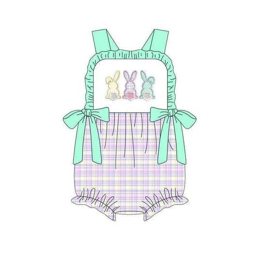 (presale)SR0543 Rabbit green bow lace purple and yellow plaid vest jumpsuit