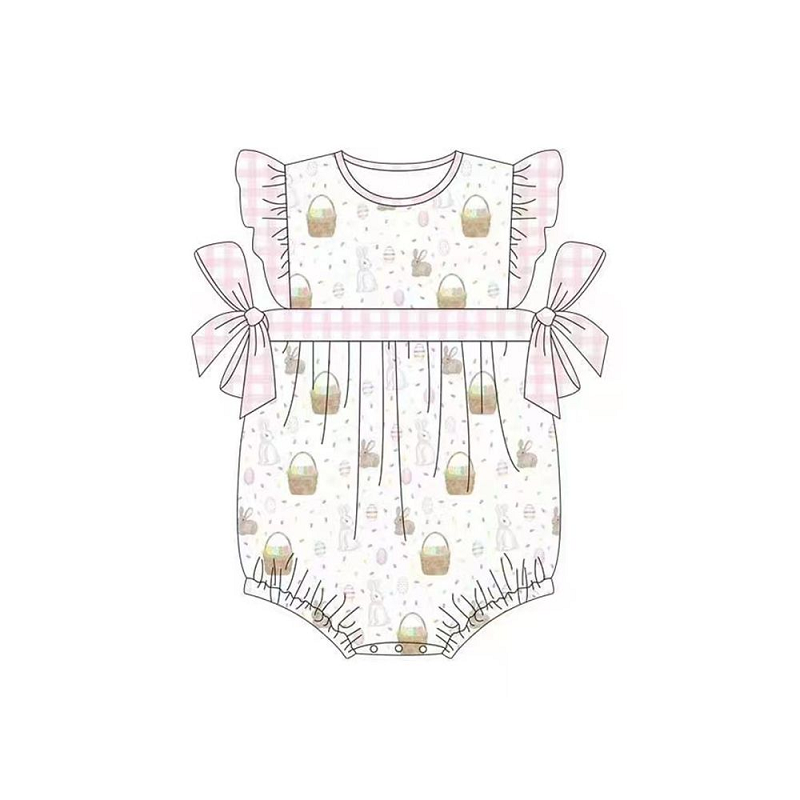 （presale） SR0551 Egg Basket Rabbit Pink and White Plaid Bow Flying Sleeve Jumpsuit