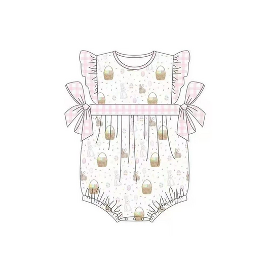 (presale) SR0551 Egg Basket Rabbit Pink and White Plaid Bow Flying Sleeve Jumpsuit