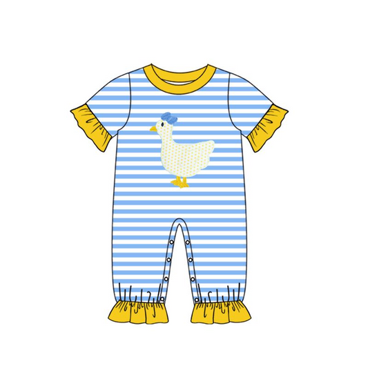 （presale）SR0558 Bow white goose blue and white striped yellow lace short-sleeved jumpsuit