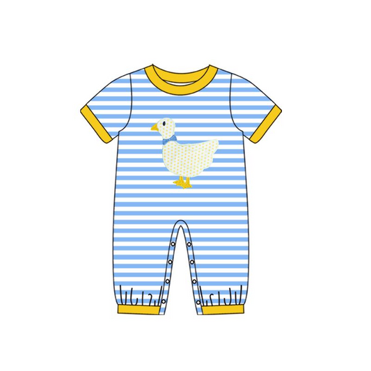 （presale）SR0559 Bow tie white goose blue and white striped yellow trim short-sleeved jumpsuit