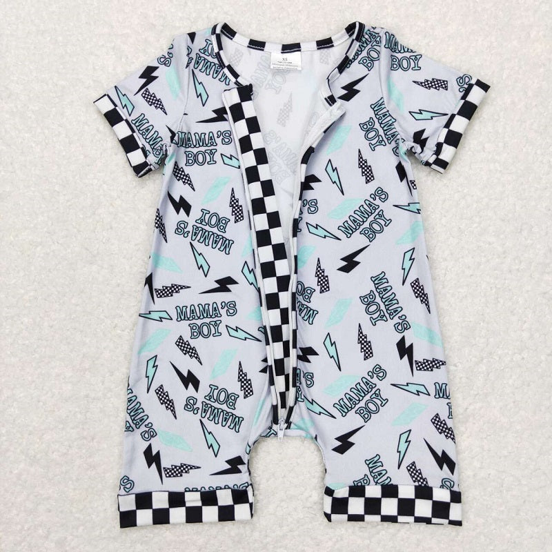 SR0563 Lightning black and white check gray short sleeve zipper jumpsuit