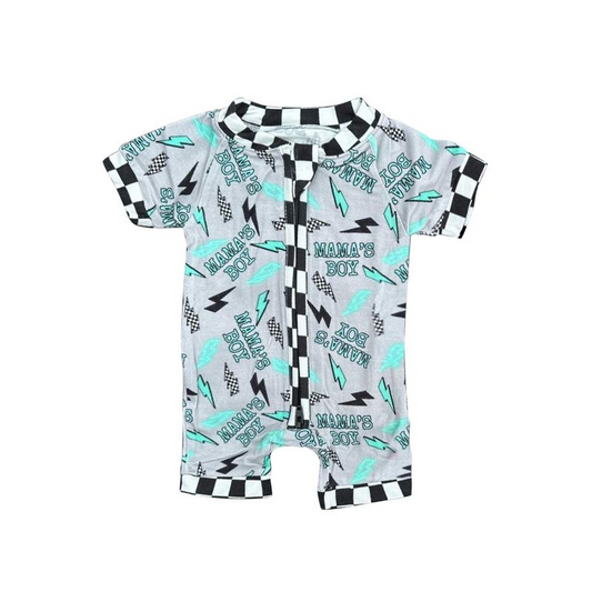 （presale）SR0563 mama's boy lightning black and white checkered gray short sleeve zipper jumpsuit