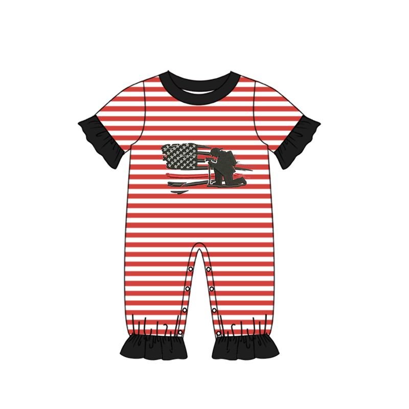 （presale）SR0566 Flag Firefighter Red and White Striped Lace Short Sleeve Jumpsuit