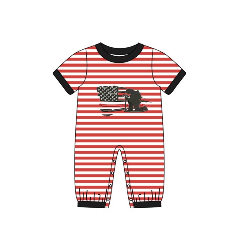 （presale）SR0567 Flag Firefighter Red and White Striped Short Sleeve Jumpsuit